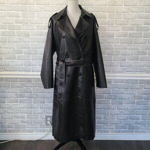 Topshop Black Faux Leather Trench Coat Womens 12 Classic Quiet Luxury Old Money